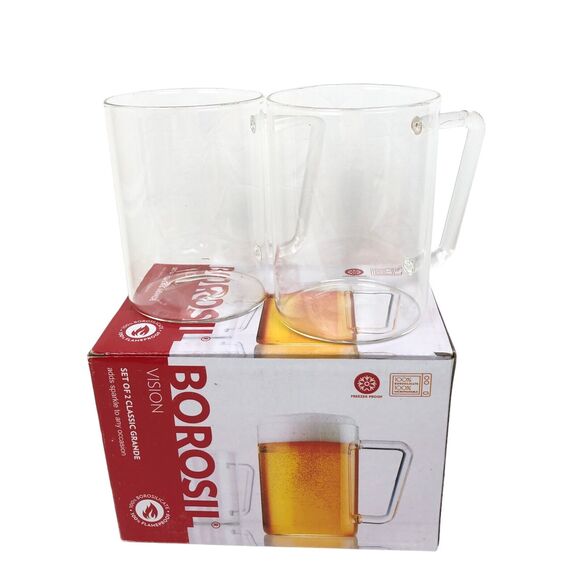 NEW Set of 2 Clear Borosilicate Glass Beer Coffee Mugs 500ml 17oz Borosil Vision - Picture 2 of 6